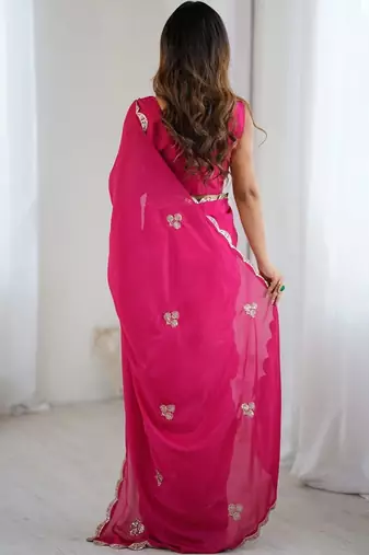 Pink embellished sequinned poly chiffon designer saree