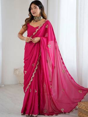 Pink embellished sequinned poly chiffon designer saree 3