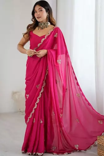 Pink embellished sequinned poly chiffon designer saree
