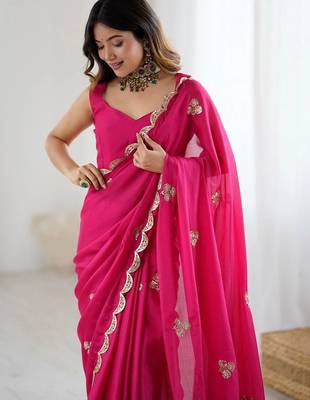 Pink embellished sequinned poly chiffon designer saree 4