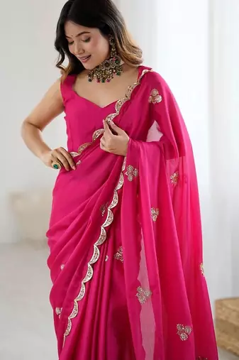 Pink embellished sequinned poly chiffon designer saree