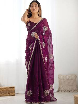 Maroon embroidered saree with unstitched blouse piece 1