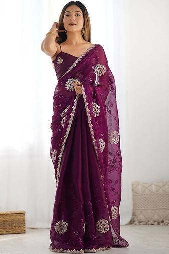 Maroon embroidered saree with unstitched blouse piece