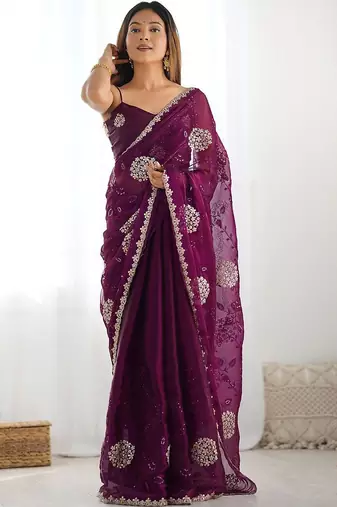 Maroon embroidered saree with unstitched blouse piece