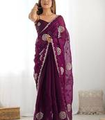 Maroon embroidered saree with unstitched blouse piece