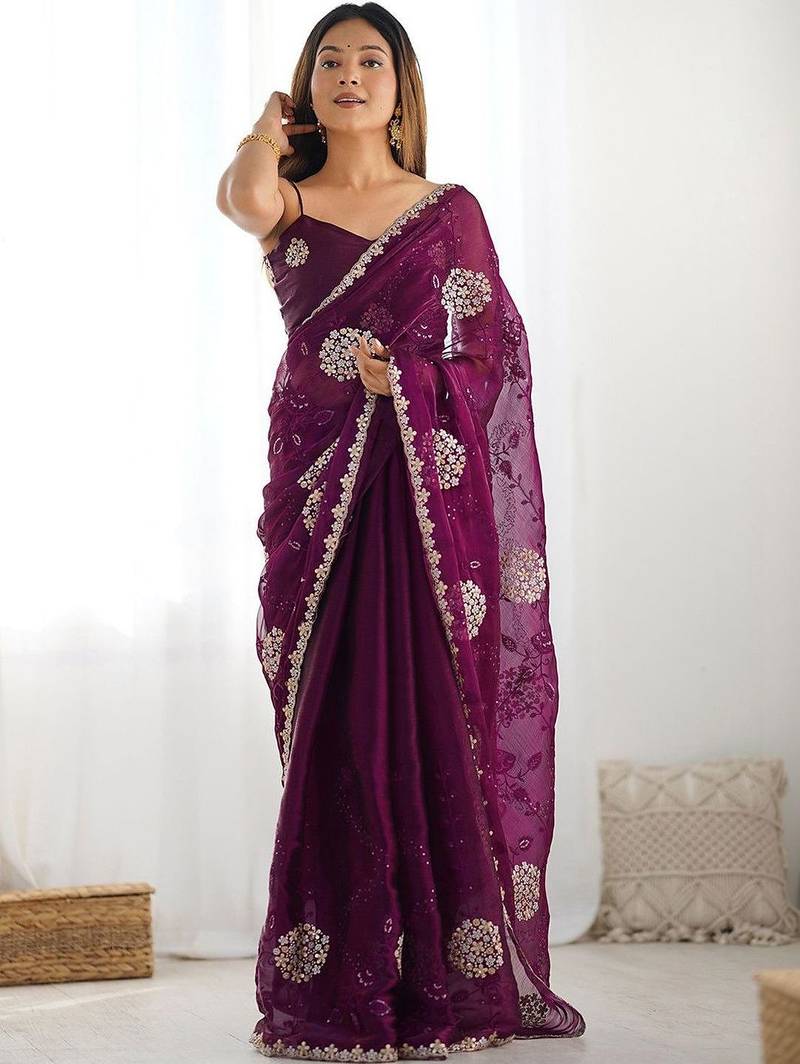 Maroon embroidered saree with unstitched blouse piece