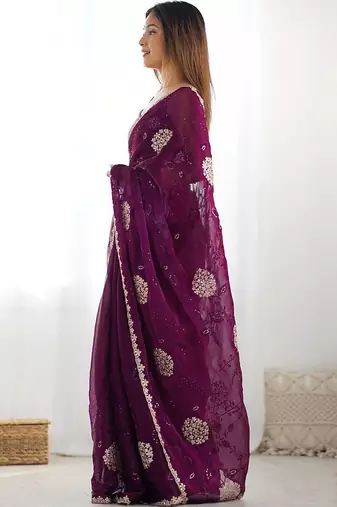 Maroon embroidered saree with unstitched blouse piece