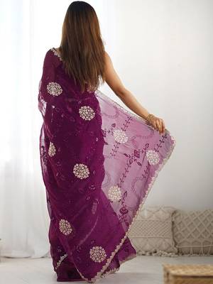 Maroon embroidered saree with unstitched blouse piece 3