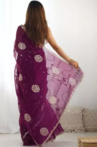 Maroon embroidered saree with unstitched blouse piece