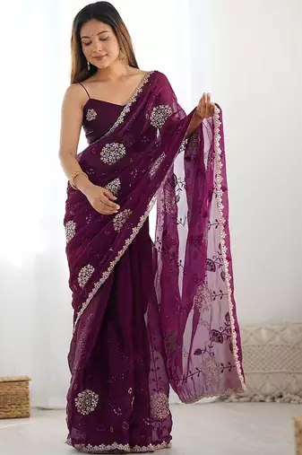 Maroon embroidered saree with unstitched blouse piece