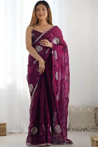 Maroon embroidered saree with unstitched blouse piece