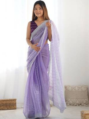 Purple embroidered saree with unstitched blouse piece 1