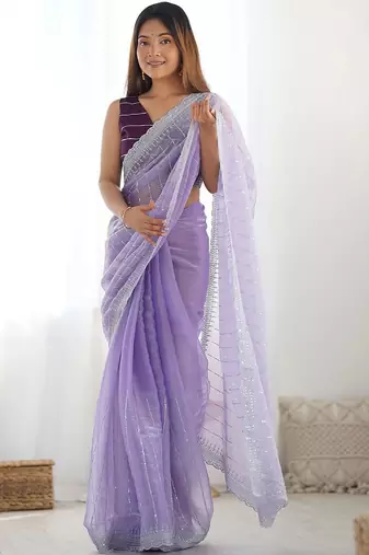 Purple embroidered saree with unstitched blouse piece