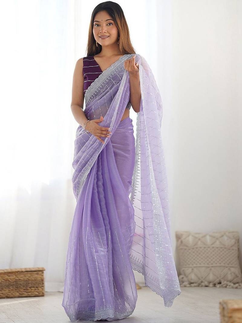 Purple embroidered saree with unstitched blouse piece
