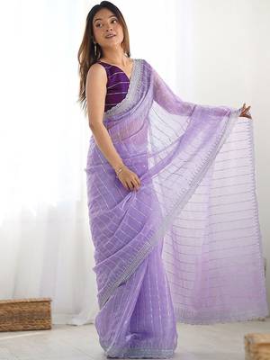 Purple embroidered saree with unstitched blouse piece 2