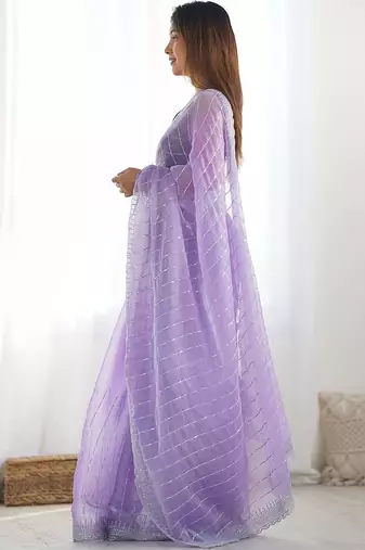 Purple embroidered saree with unstitched blouse piece