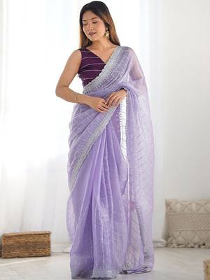 Purple embroidered saree with unstitched blouse piece 4