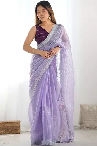 Purple embroidered saree with unstitched blouse piece