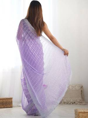 Purple embroidered saree with unstitched blouse piece 5