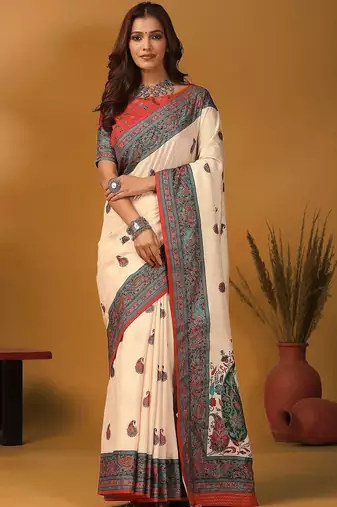Off white paisley printed banarasi saree with unstitched blouse piece