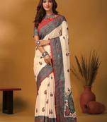 Off white paisley printed banarasi saree with unstitched blouse piece
