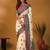 Off white paisley printed banarasi saree with unstitched blouse piece
