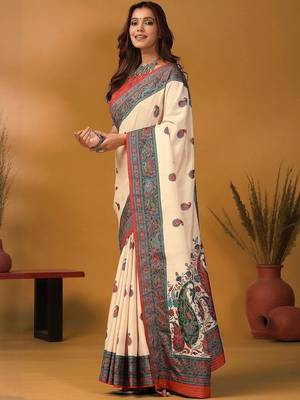 Off white paisley printed banarasi saree with unstitched blouse piece 2