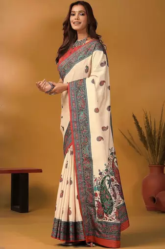 Off white paisley printed banarasi saree with unstitched blouse piece