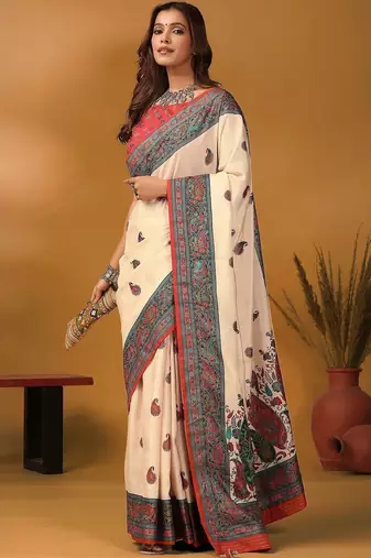 Off white paisley printed banarasi saree with unstitched blouse piece