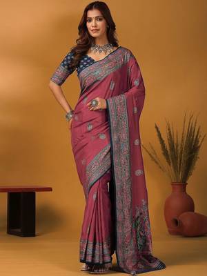 Mauve paisley printed banarasi saree with unstitched blouse piece 1