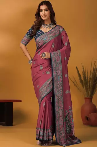 Mauve paisley printed banarasi saree with unstitched blouse piece