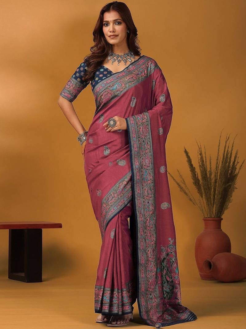 Mauve paisley printed banarasi saree with unstitched blouse piece