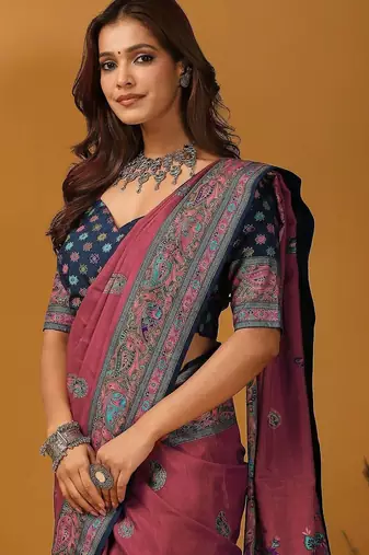 Mauve paisley printed banarasi saree with unstitched blouse piece