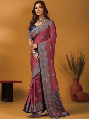Mauve paisley printed banarasi saree with unstitched blouse piece 3