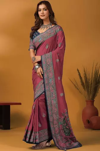 Mauve paisley printed banarasi saree with unstitched blouse piece