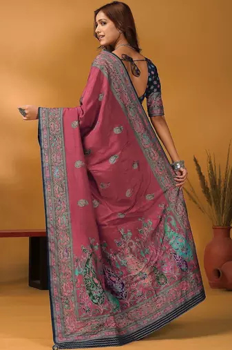 Mauve paisley printed banarasi saree with unstitched blouse piece
