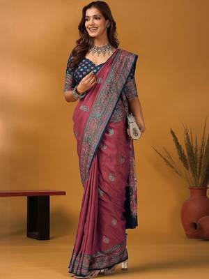 Mauve paisley printed banarasi saree with unstitched blouse piece 5