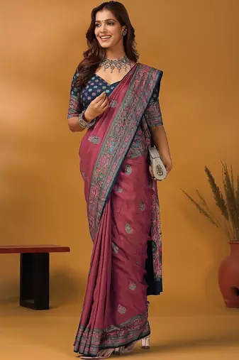Mauve paisley printed banarasi saree with unstitched blouse piece