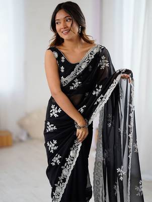 Black embellished  wear saree with matching blouse 4