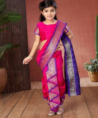 Pink girls woven design zari banarasi saree 1