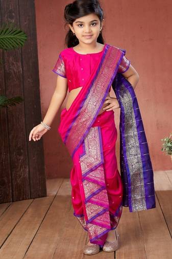 Pink girls woven design zari banarasi saree