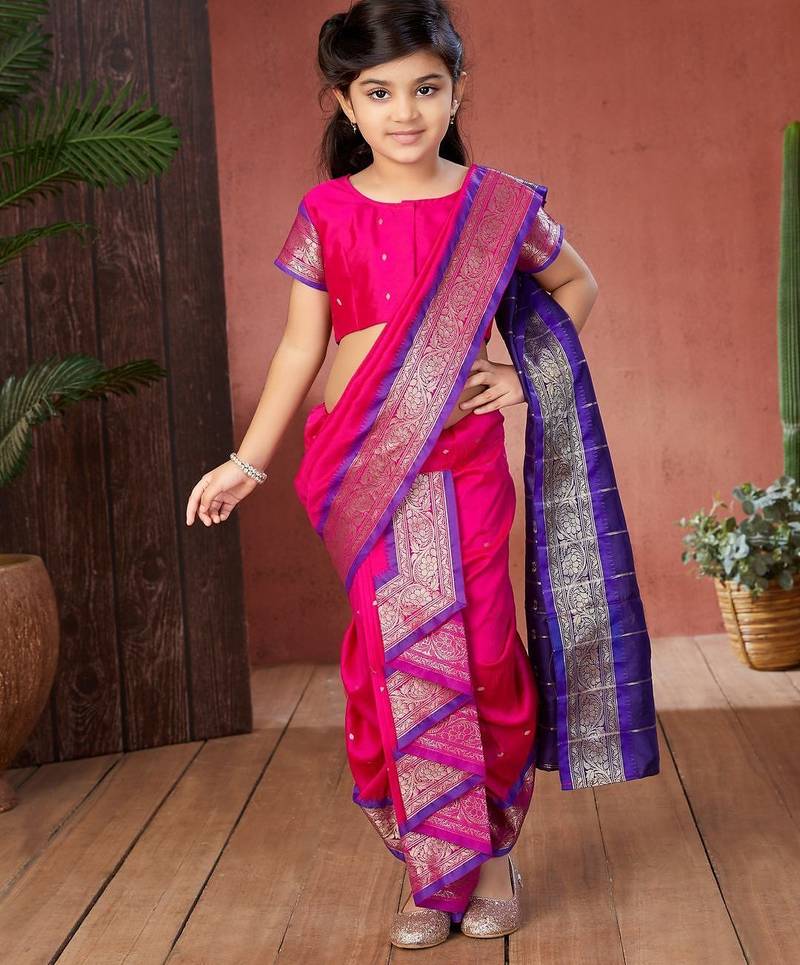 Pink girls woven design zari banarasi saree