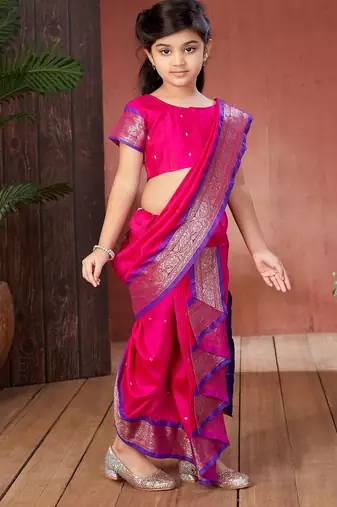 Pink girls woven design zari banarasi saree
