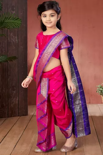 Pink girls woven design zari banarasi saree