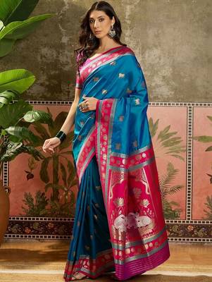 Teal zari woven design saree with contrast unstitched blouse 2