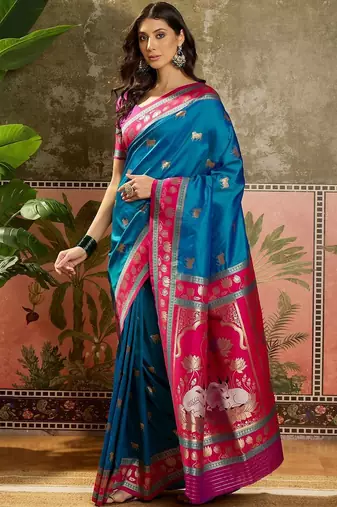 Teal zari woven design saree with contrast unstitched blouse