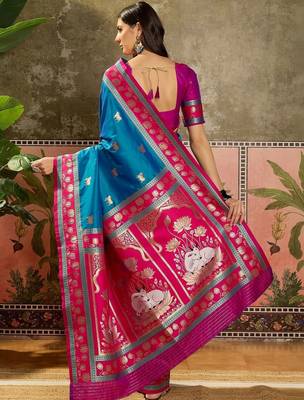 Teal zari woven design saree with contrast unstitched blouse 3