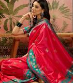 Pink zari woven design saree with contrast unstitched blouse