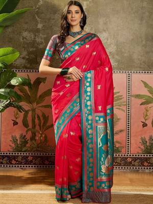 Pink zari woven design saree with contrast unstitched blouse 2