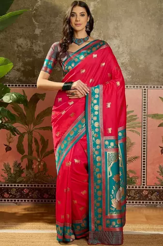 Pink zari woven design saree with contrast unstitched blouse
